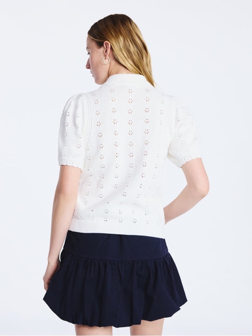 Free Assembly 100% Cotton Pointelle Peterpan Collar White Knit Cardigan NEW - Picture 3 of 7